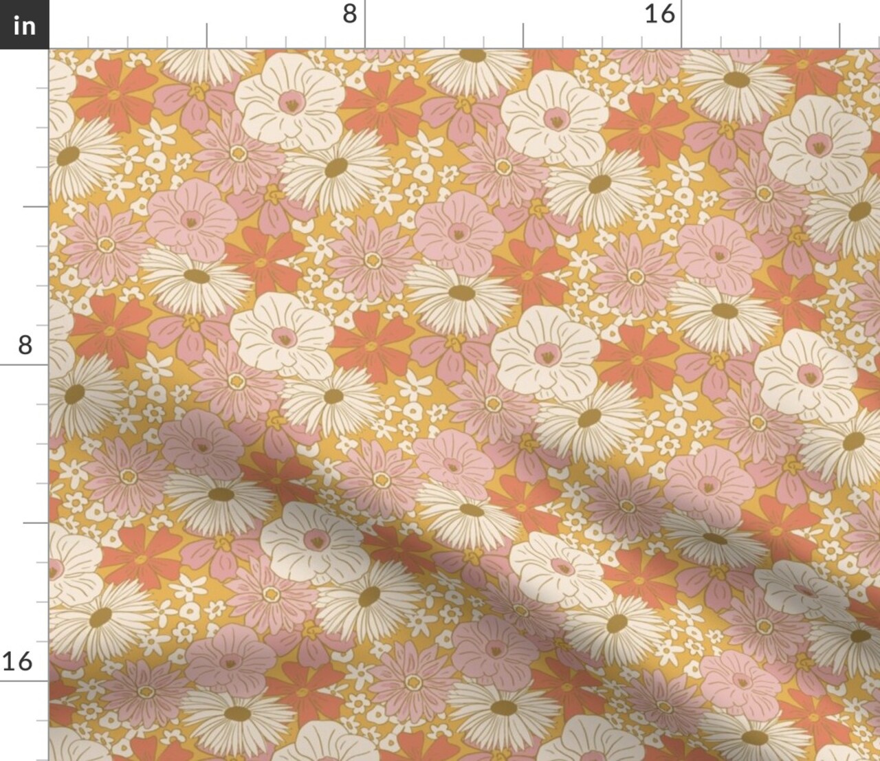 Retro Floral Vintage Botanical 70S Gold Pink Cottage Core Custom Printed Fabric by Spoonflower Various Fabrics by the Yard or Fat Quarter
